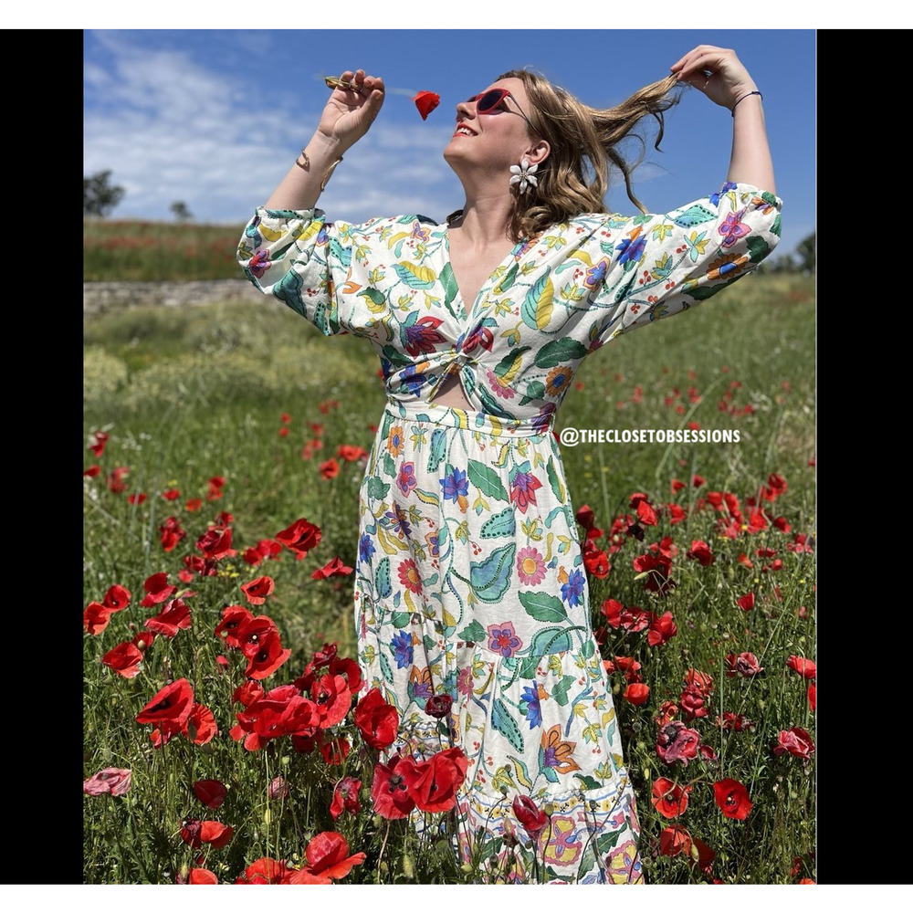 Zara Floral Linen Blend Boho Maxi Dress Cut Out Resort Vacation Size S NWT - Picture 14 of 16